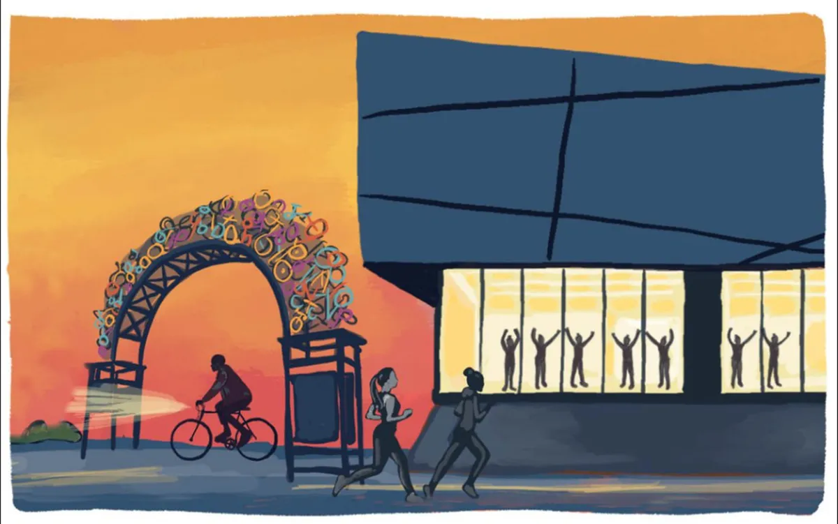 A dynamic scene beneath a colorful archway where people are running and celebrating outdoors, with more people socializing behind glass. The setting is upbeat and captures a sense of active community life and outdoor enjoyment.