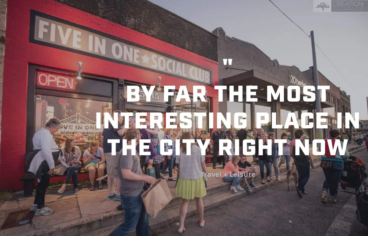 The image features the lively exterior of the 'FIVE IN ONE SOCIAL CLUB' in the Broad Ave Arts District. A crowd of people is gathered outside the vibrant red building, with an open sign in the window and a sense of bustling activity that hints at live entertainment, local events, and nightlife.